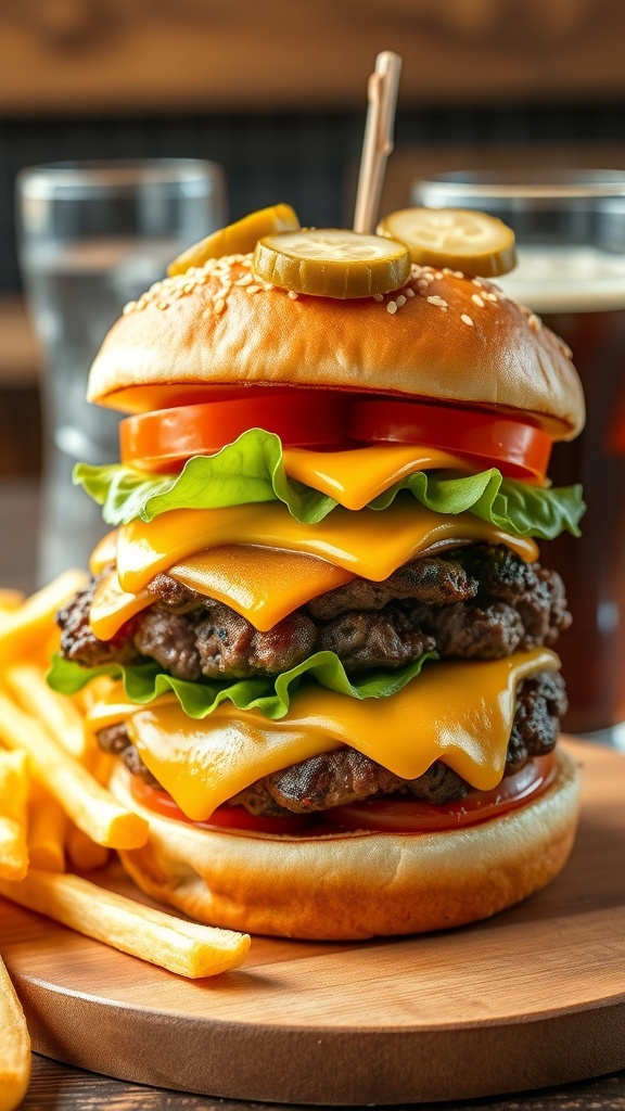A delicious hamburger with beef patty, cheese, lettuce, and tomato on a toasted bun, served with fries.